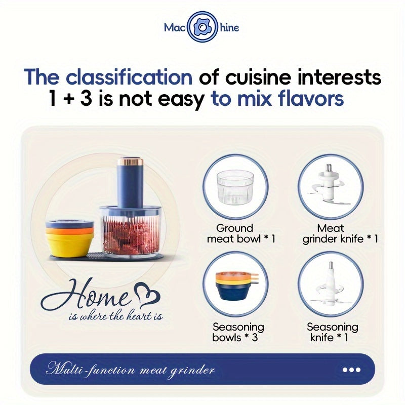 Plug-In Model with a 40.58oz Glass Meat Grinder Bowl And Three 8.45oz Seasoning Small Bowls. Household Preparation Seasoning Machine, Multifunctional Electric Grinder, Baby Food Grinder, Minced Meat Grinder, Food Chopper, Electric Vegetable Chopper,