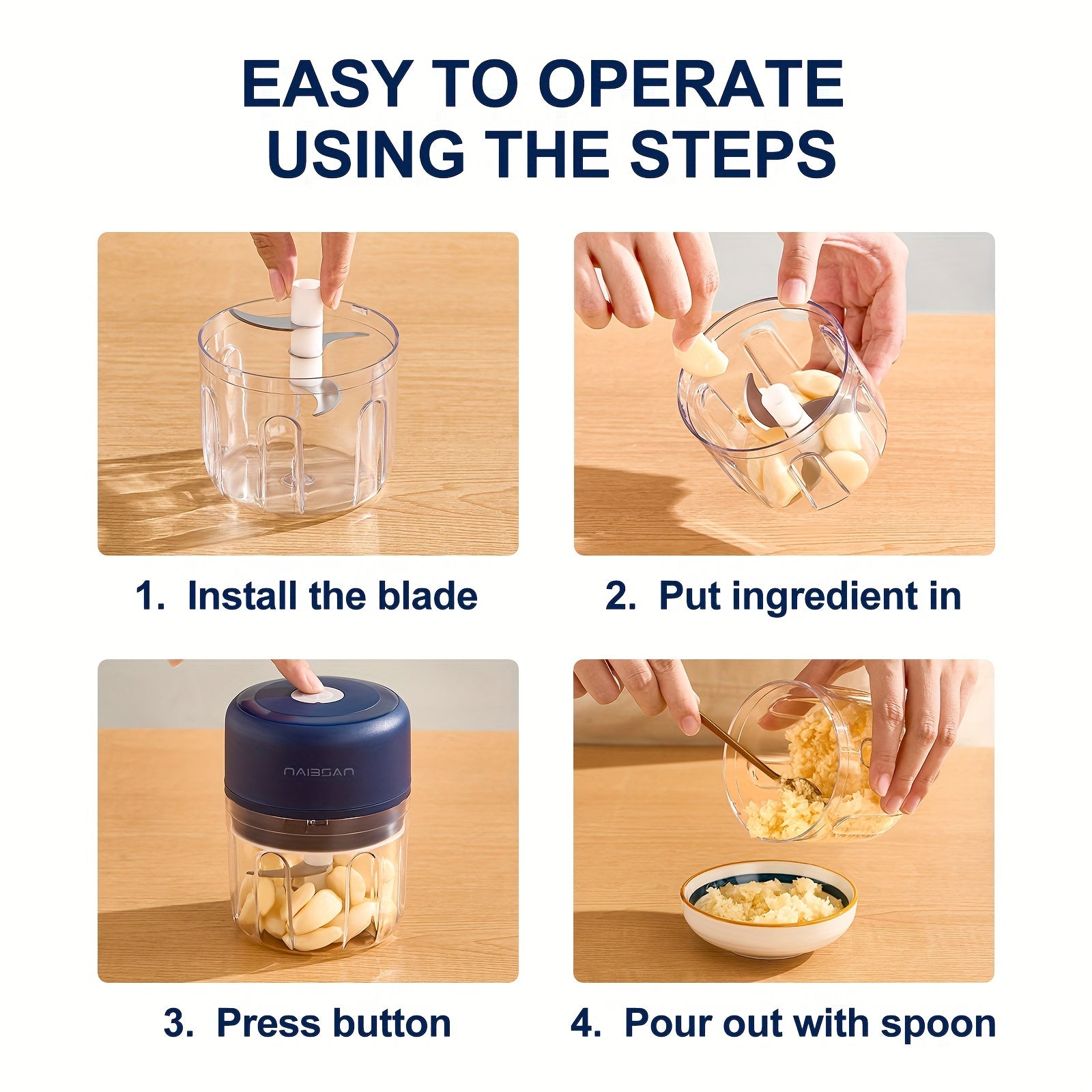 Naibsan Electric Food Chopper, Food Processor, Garlic Masher, Meat Grinder, Type-C, USB Charging, Mini, Small, Meat Masher, Kitchen Gadget, 251ml, 8.45oz, Wireless, Portable, Vegetable Chopper, Onion, Ginger, Chili Pepper.