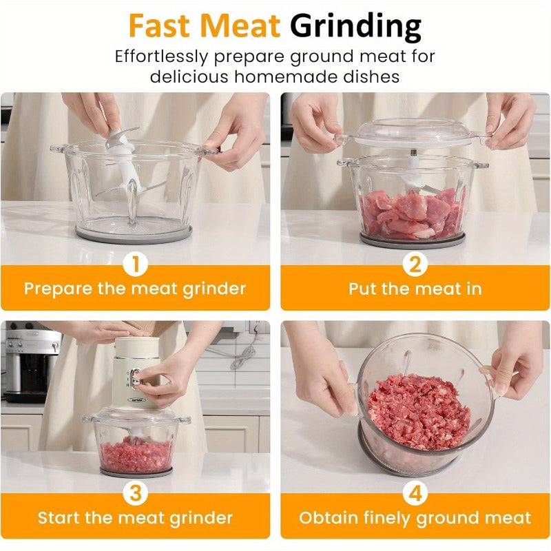 4-in-1 Electric Food Processor, Sunvivi Mini Chopper for Meat Grinding, Garlic Peeling & Juicing, 2-Speed Blender with 50.72oz Glass Bowl, Includes 13.53oz and 6.76oz Cups