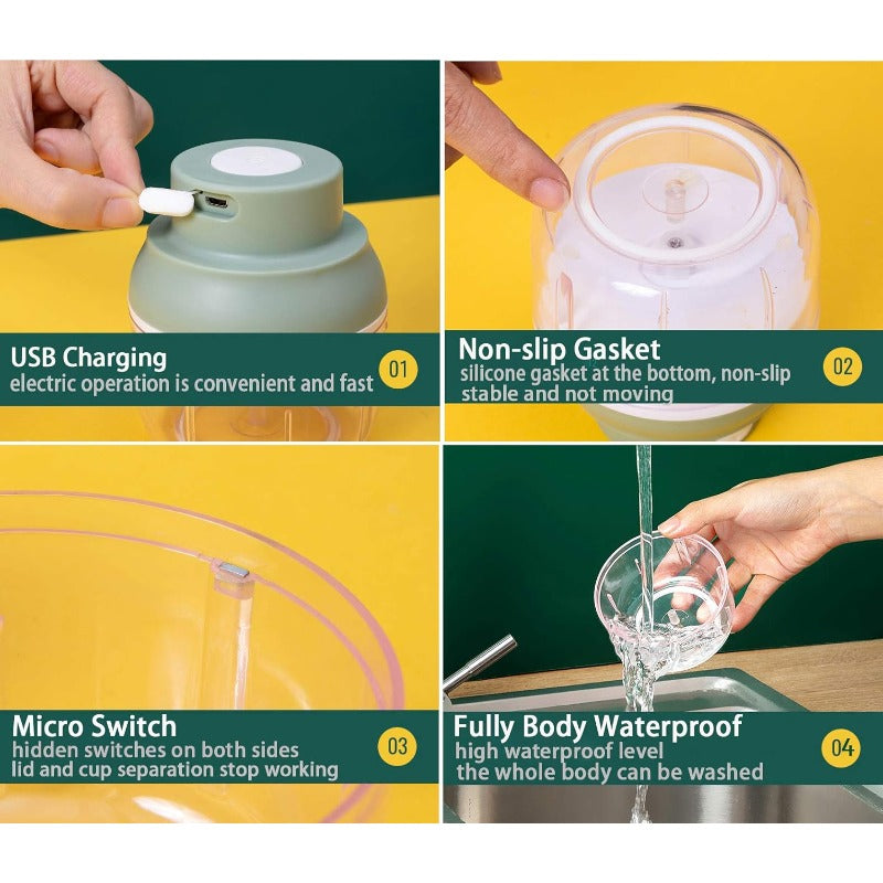 8.45oz Electric Mini Food Processor with USB-Powered Motor & Glass Blade System - Compact Portable Cordless-like Operation, Semi-Automatic Chopper with Safety Lock & Ergonomic Handle for Garlic, Vegetables, Meat, Nuts, Food, Smoothies - Easy-Clean Design