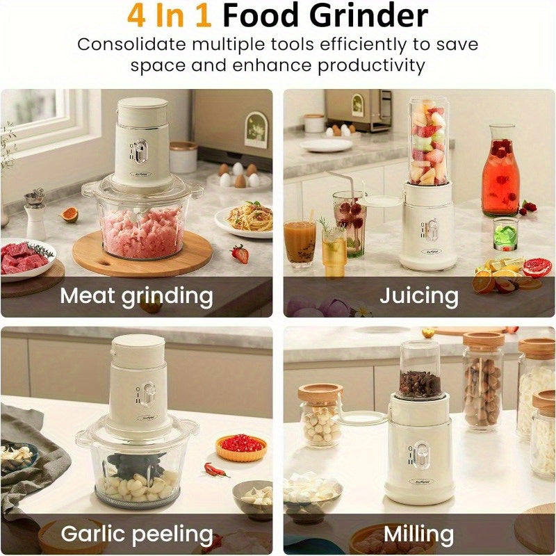 4-in-1 Electric Food Processor, Sunvivi Mini Chopper for Meat Grinding, Garlic Peeling & Juicing, 2-Speed Blender with 50.72oz Glass Bowl, Includes 13.53oz and 6.76oz Cups