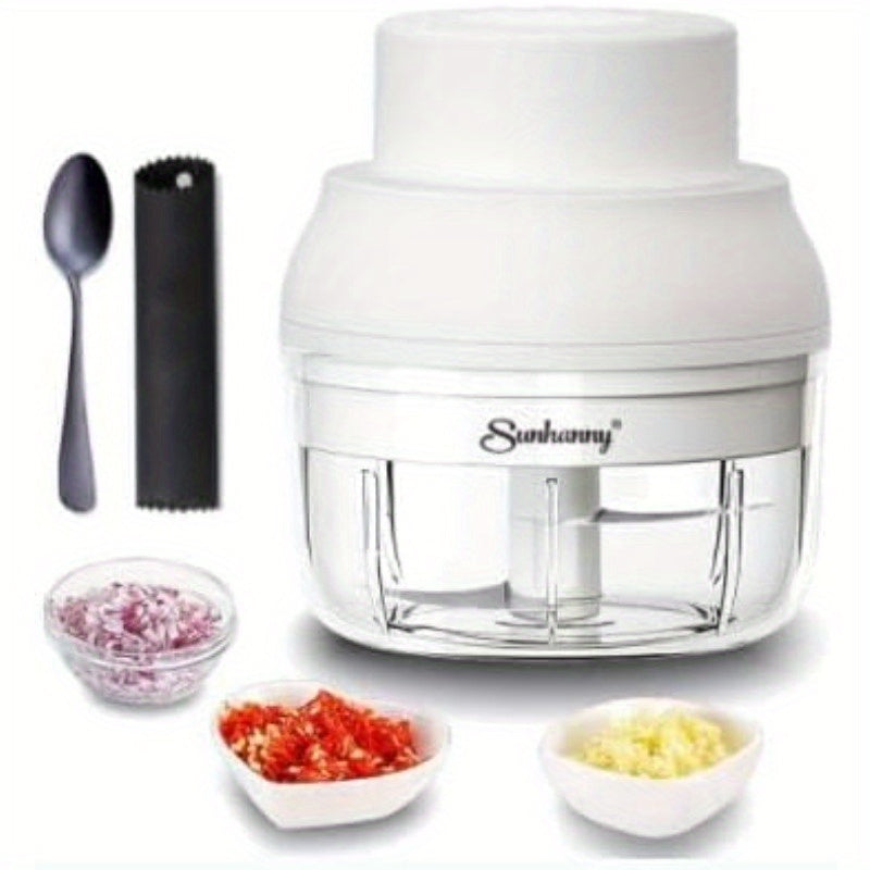 Electric Garlic Chopper & Masher - Mini Food Processor with Garlic Peeler & Spoon, 100ml/3.3fl.oz Capacity, White, Compact Design for Easy Storage, Durable Metal Construction, Perfect for Chopping Garlic, Herbs, and More, Garlic Crusher, Kitchen Gadget,