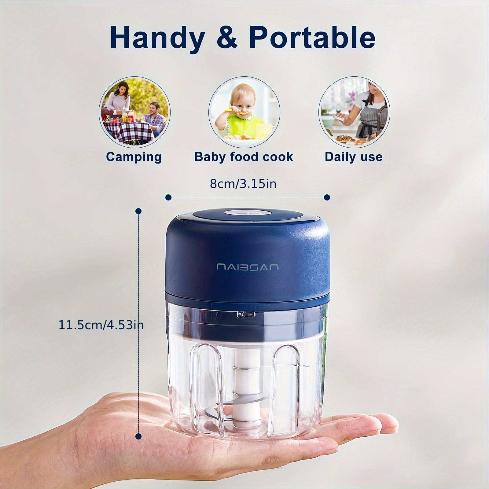 Naibsan Electric Food Chopper, Food Processor, Garlic Masher, Meat Grinder, Type-C, USB Charging, Mini, Small, Meat Masher, Kitchen Gadget, 251ml, 8.45oz, Wireless, Portable, Vegetable Chopper, Onion, Ginger, Chili Pepper.