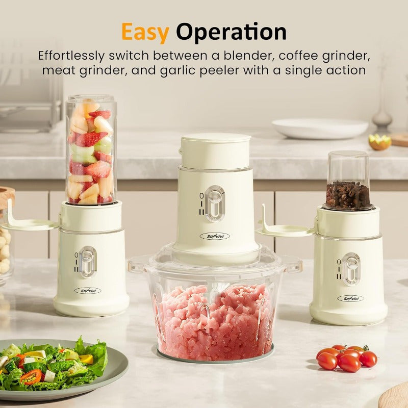 4-in-1 Electric Food Processor, Sunvivi Mini Chopper for Meat Grinding, Garlic Peeling & Juicing, 2-Speed Blender with 50.72oz Glass Bowl, Includes 13.53oz and 6.76oz Cups