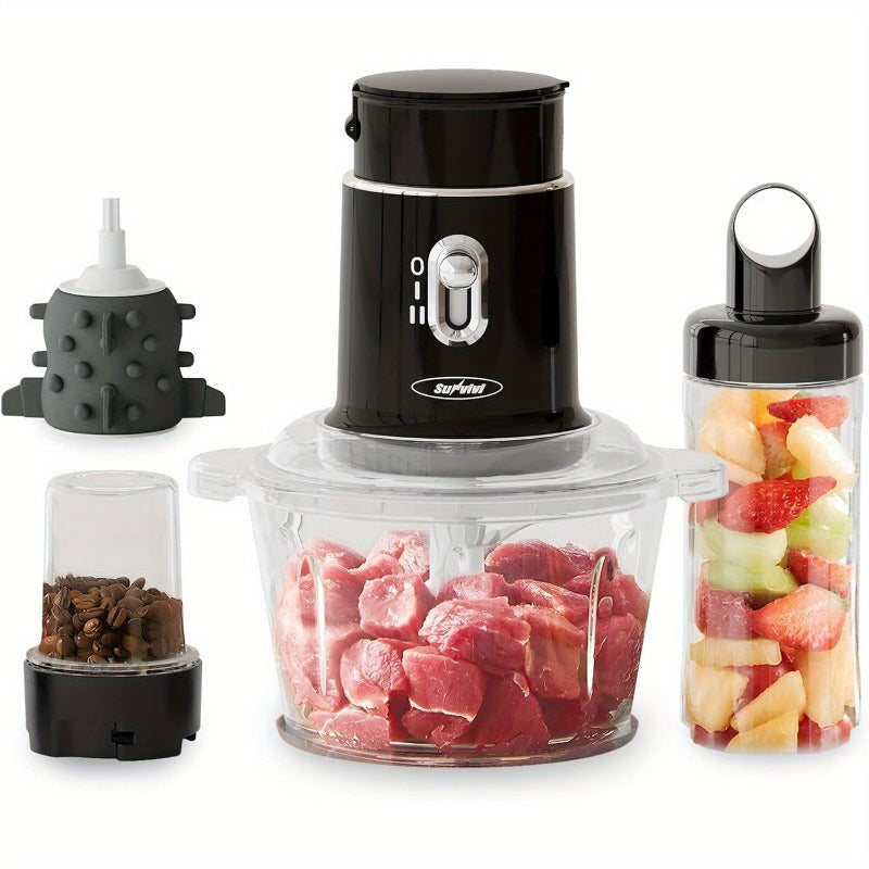 4-in-1 Electric Food Processor, Sunvivi Mini Chopper for Meat Grinding, Garlic Peeling & Juicing, 2-Speed Blender with 50.72oz Glass Bowl, Includes 13.53oz and 6.76oz Cups