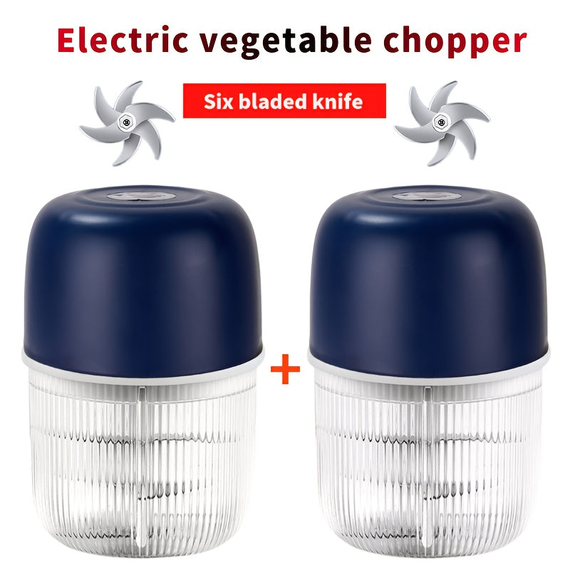 2 Sets Electric Garlic Crusher & Food Shredder - USB-Powered Electric Vegetable Chopper with 6 Blades, Portable Garlic Press, Onion, Chili, Meat Miner - Compact Kitchen appliance for Home, Restaurant, Camping - Easy-Clean Design & Long-Lasting Battery -