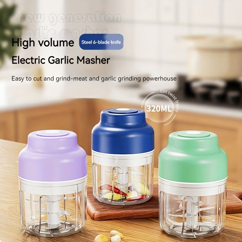 [6-Blade Electric Garlic Maker] 6-Blade Stainless Steel Portable USB Rechargeable Electric Garlic Maker | 320ml Large Capacity Auto-Mixing Chopper for Garlic, Meat, Veggies, Peppers, Ginger | Compact Kitchen Appliance, Home Cooking, Stylish Gadget,